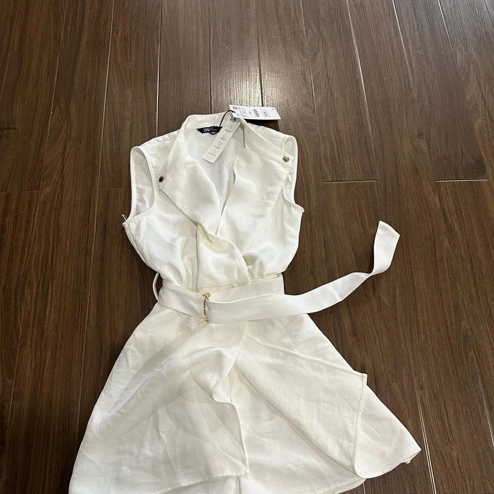 Zara White Sleeveless Belted Linen Romper